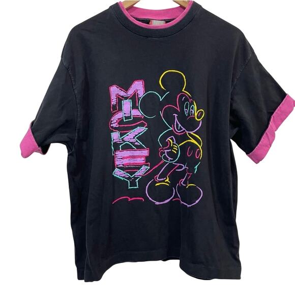 Disney Tops - Disney Mickey Mouse 90’s Vintage Neon Pink Black Tee Shirt One Size Fit All